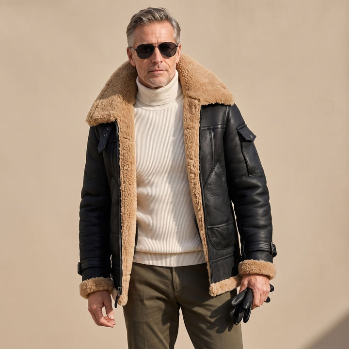 Herren Leder Fliegerjacke mit Teddyfell-Futter Zip-Bomber - Schwarz