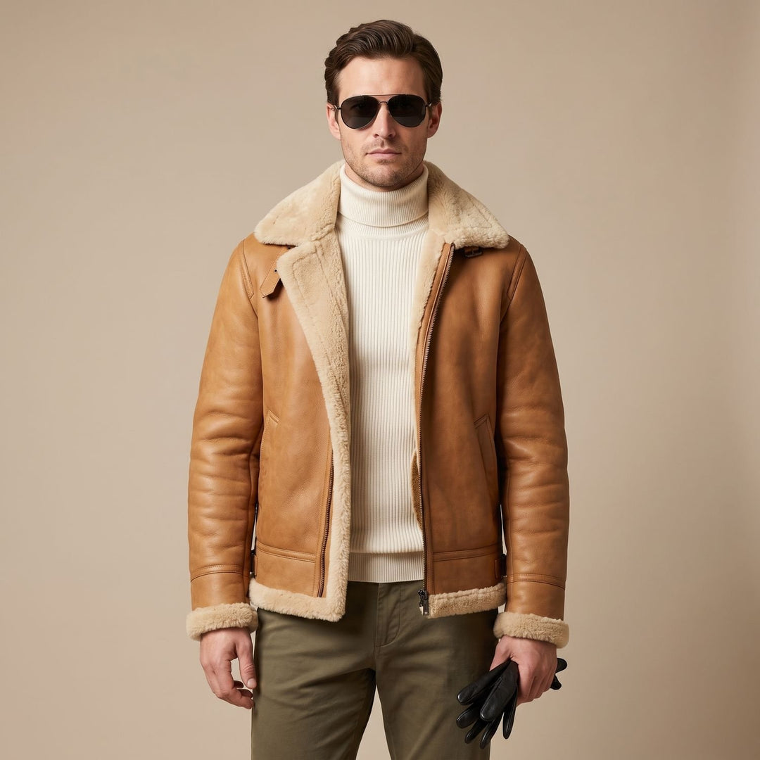 Herren Leder Fliegerjacke mit Teddyfell-Futter Zip-Bomber - Braun