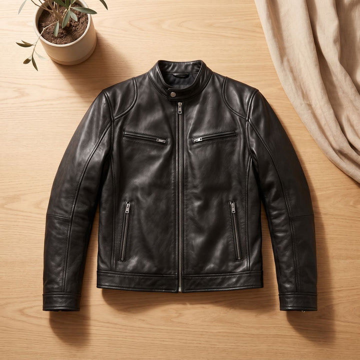 Herren Lederjacke Biker-Stil Stehkragen Reißverschluss Winterjacke - Schwarz