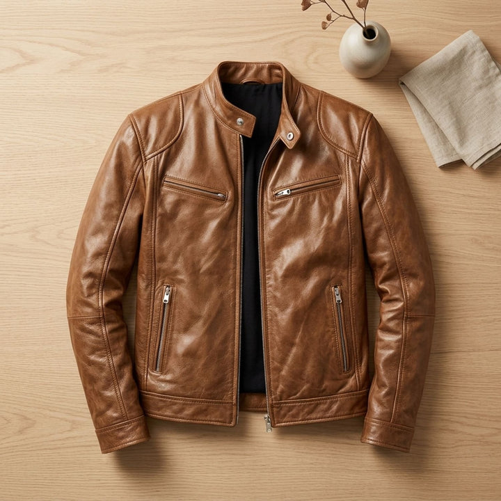 Herren Lederjacke Biker-Stil Stehkragen Reißverschluss Winterjacke - Khaki