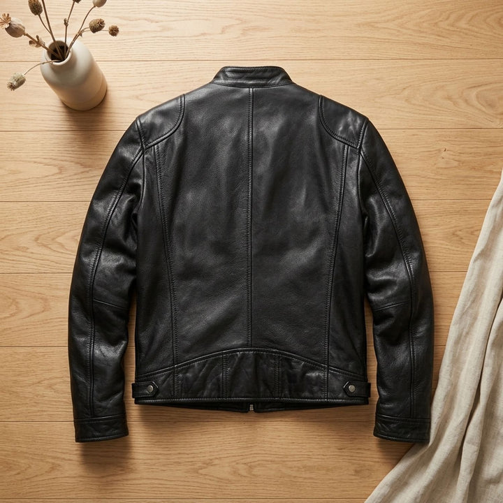 Herren Lederjacke Biker-Stil Stehkragen Reißverschluss Winterjacke