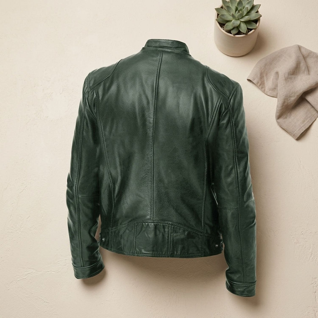 Herren Lederjacke Biker-Stil Stehkragen Reißverschluss Winterjacke