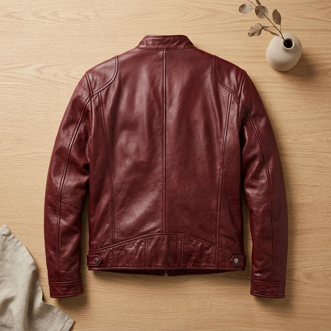 Herren Lederjacke Biker-Stil Stehkragen Reißverschluss Winterjacke