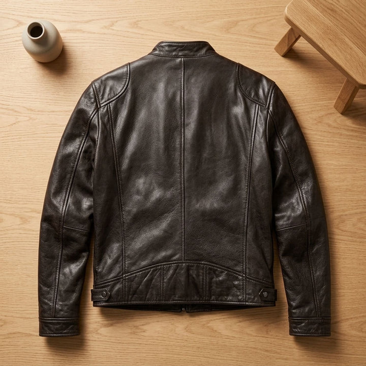 Herren Lederjacke Biker-Stil Stehkragen Reißverschluss Winterjacke