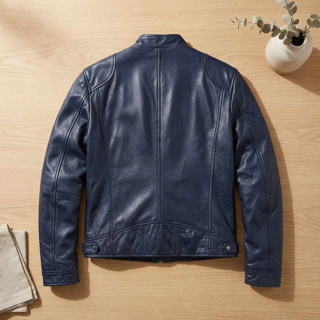 Herren Lederjacke Biker-Stil Stehkragen Reißverschluss Winterjacke