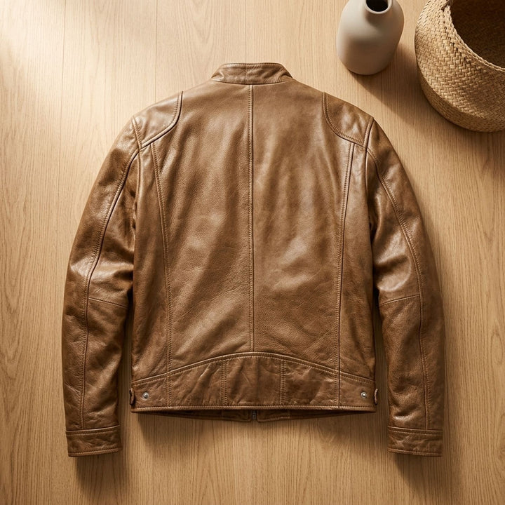 Herren Lederjacke Biker-Stil Stehkragen Reißverschluss Winterjacke
