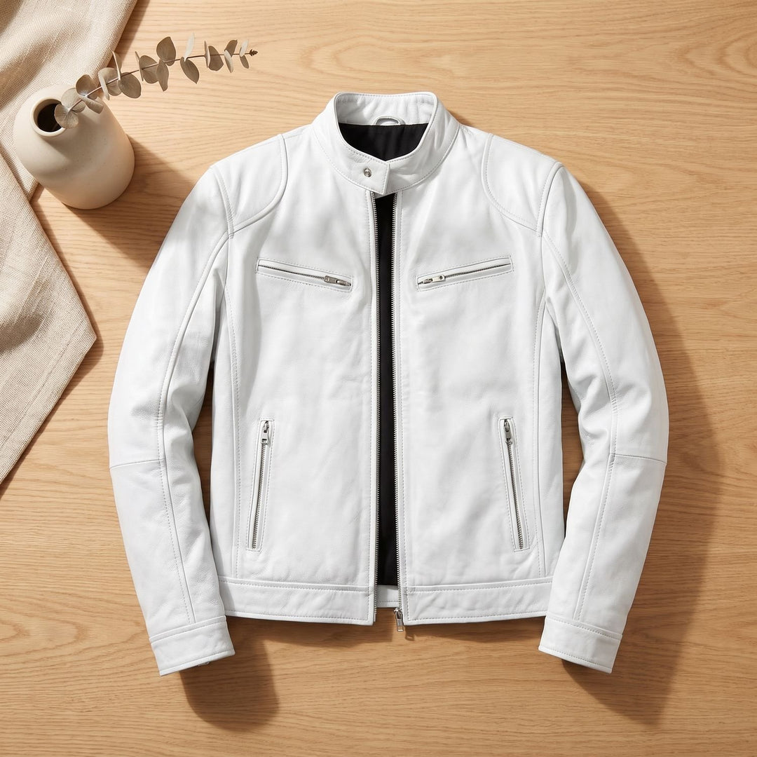 Herren Lederjacke Biker-Stil Stehkragen Reißverschluss Winterjacke - Weiß