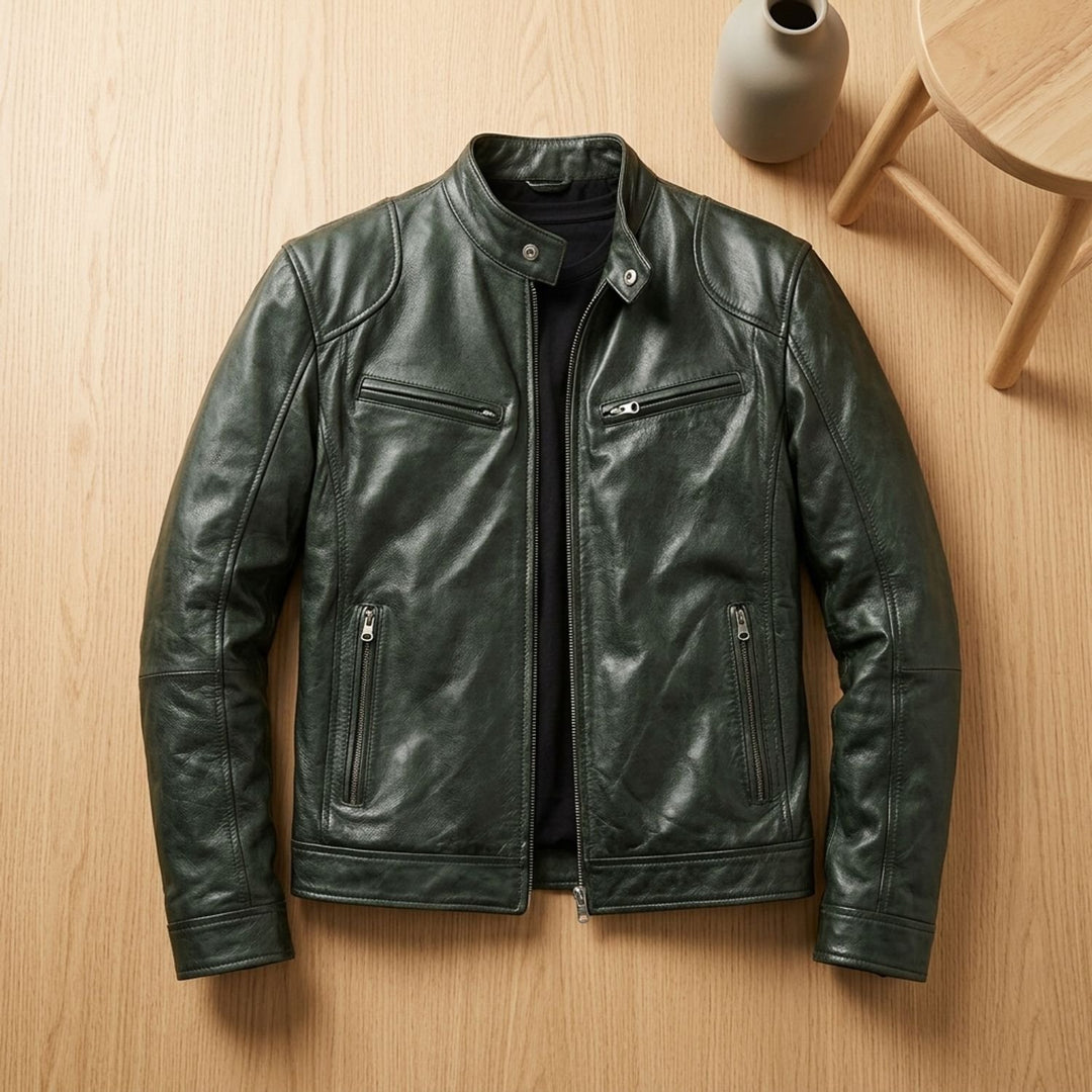 Herren Lederjacke Biker-Stil Stehkragen Reißverschluss Winterjacke - Militärgrün