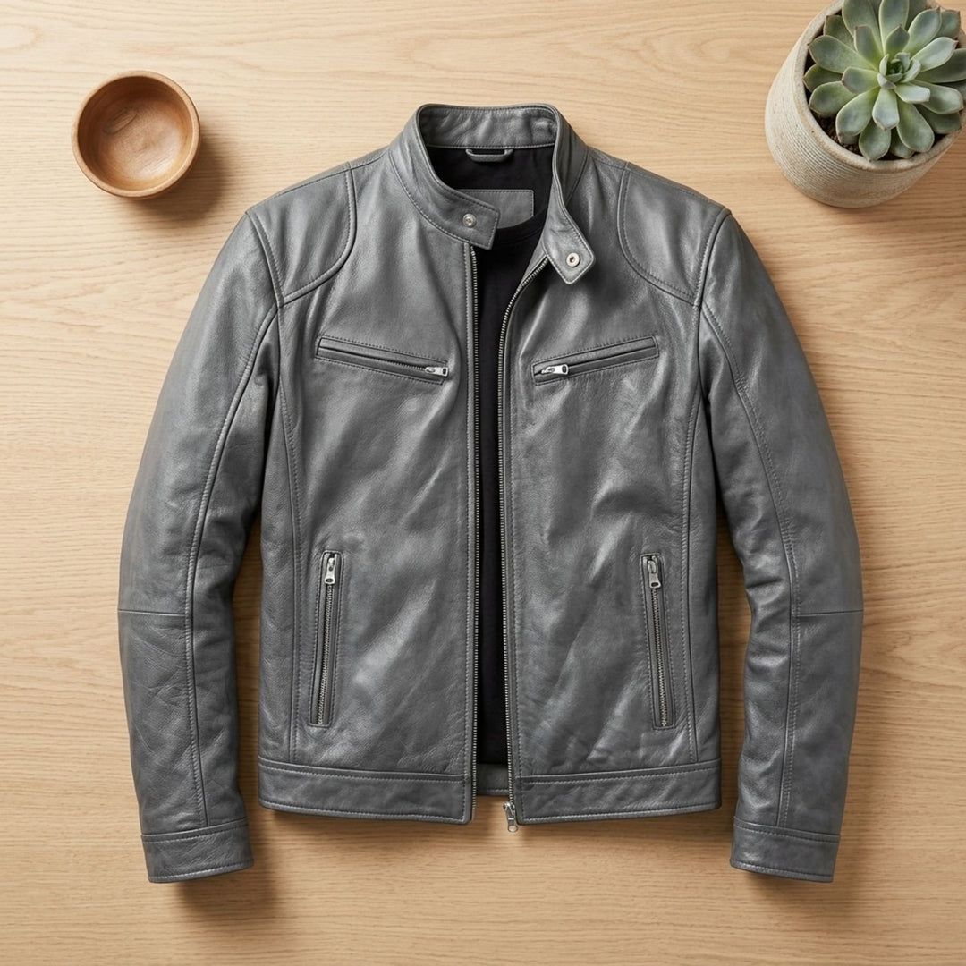 Herren Lederjacke Biker-Stil Stehkragen Reißverschluss Winterjacke - Grau