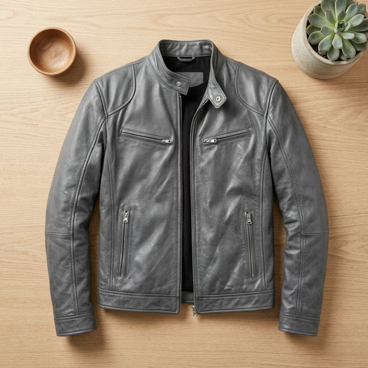 Herren Lederjacke Biker-Stil Stehkragen Reißverschluss Winterjacke - Grau