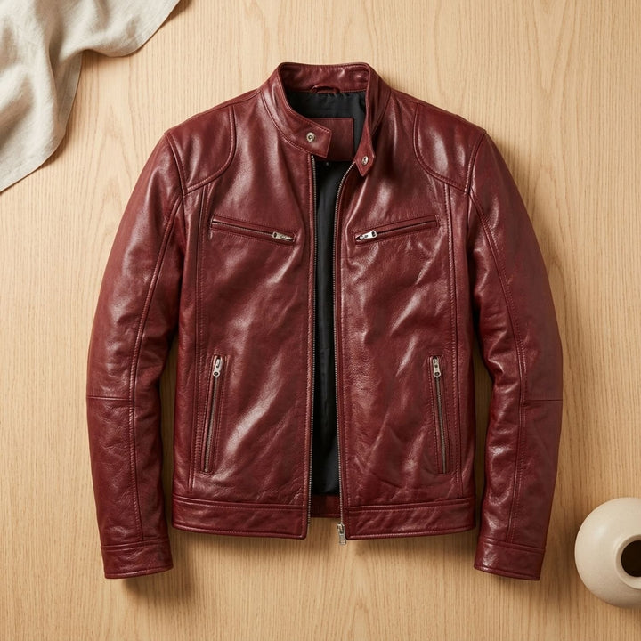 Herren Lederjacke Biker-Stil Stehkragen Reißverschluss Winterjacke - Burgunderrot