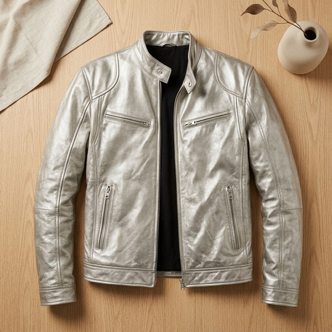 Herren Lederjacke Biker-Stil Stehkragen Reißverschluss Winterjacke - Beige