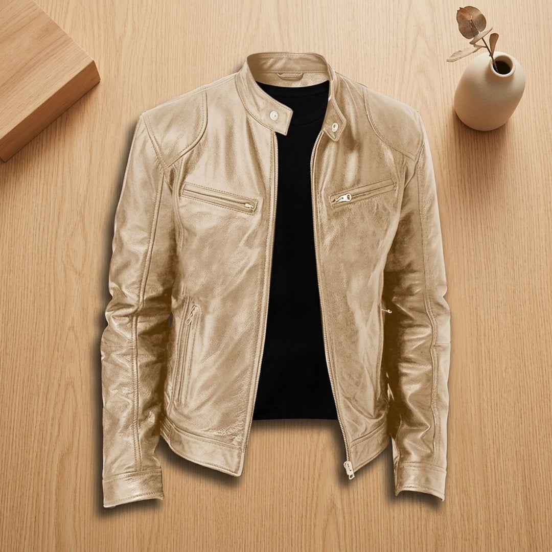 Herren Lederjacke Biker-Stil Stehkragen Reißverschluss Winterjacke - Gold