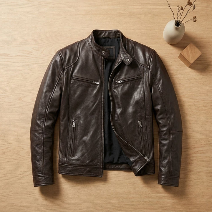 Herren Lederjacke Biker-Stil Stehkragen Reißverschluss Winterjacke - Dunkelbraun
