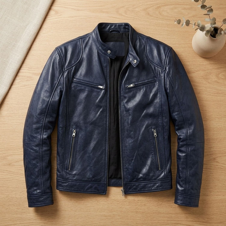 Herren Lederjacke Biker-Stil Stehkragen Reißverschluss Winterjacke - Dunkelblau