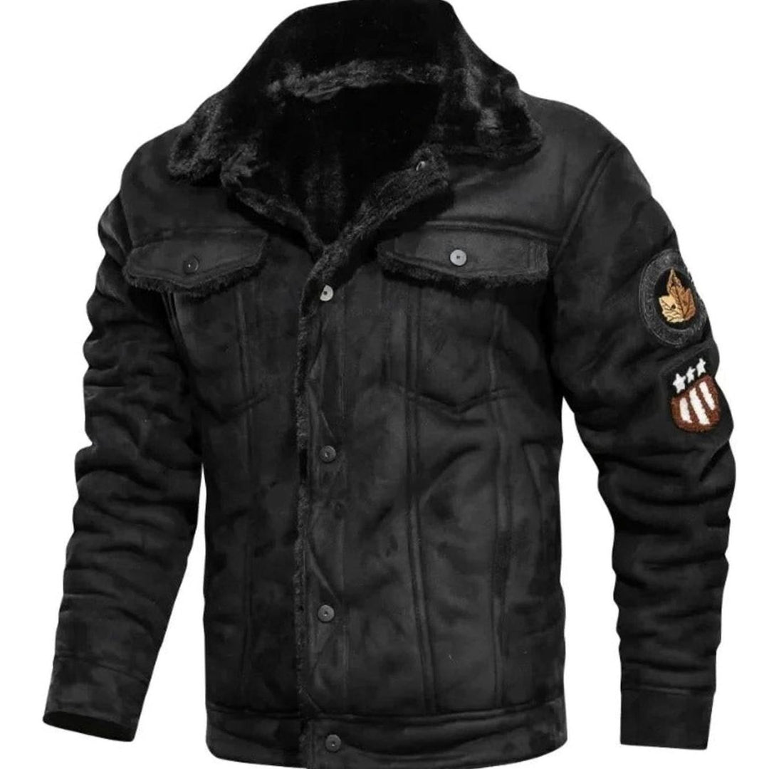 Herren Lederjacke Gefütterte Winter Biker Jacke mit Fellkragen - Schwarz
