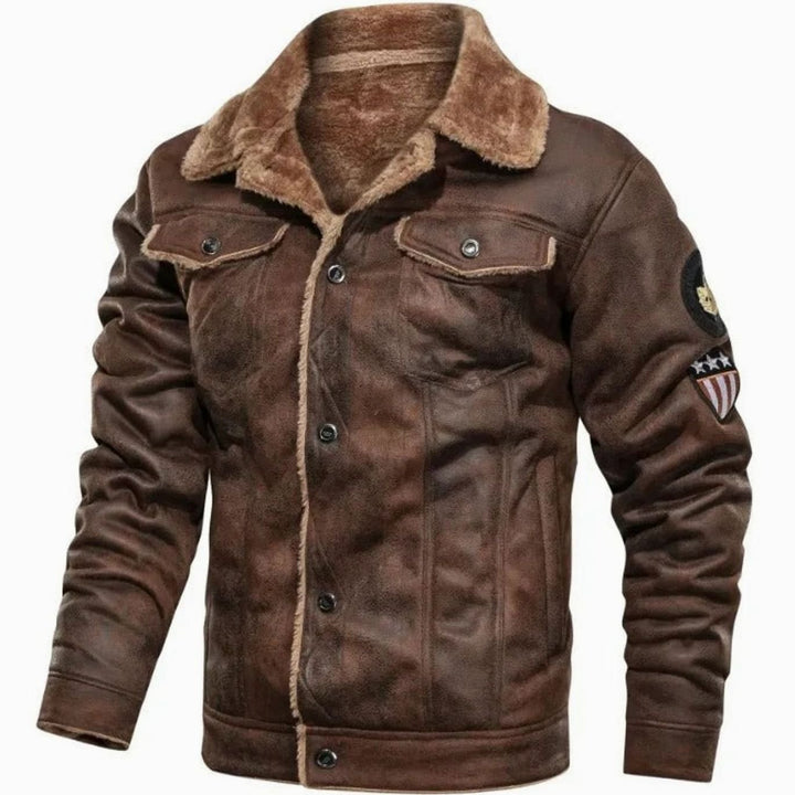 Herren Lederjacke Gefütterte Winter Biker Jacke mit Fellkragen - Braun