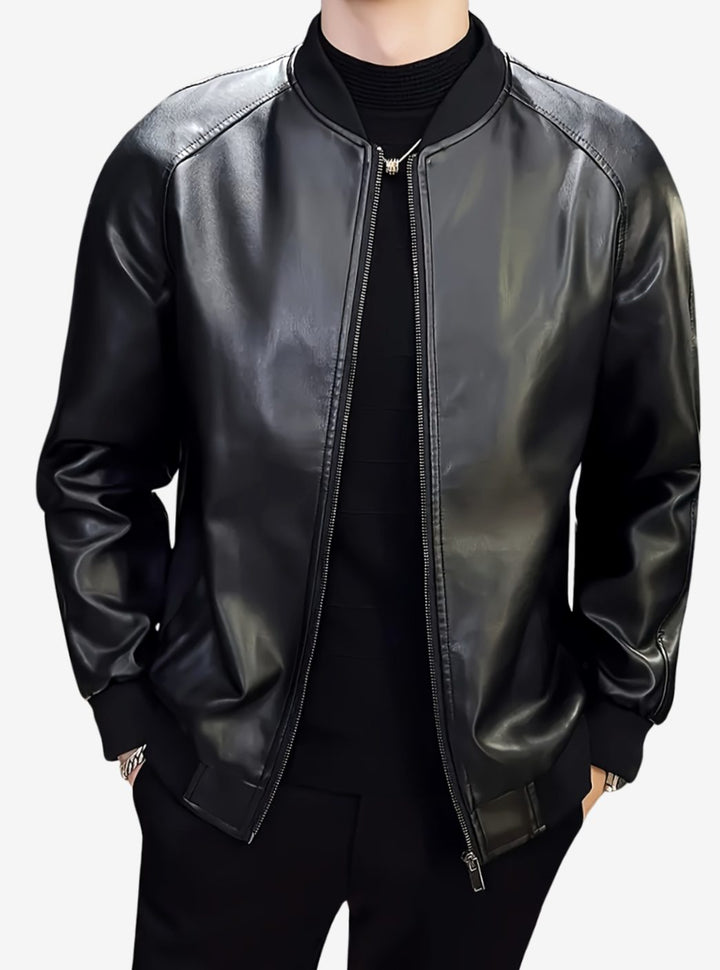 Herren Lederjacke im Baseball-Stil mit Reißverschluss und Loosefit