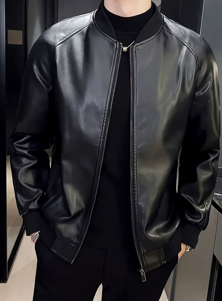 Herren Lederjacke im Baseball-Stil mit Reißverschluss und Loosefit