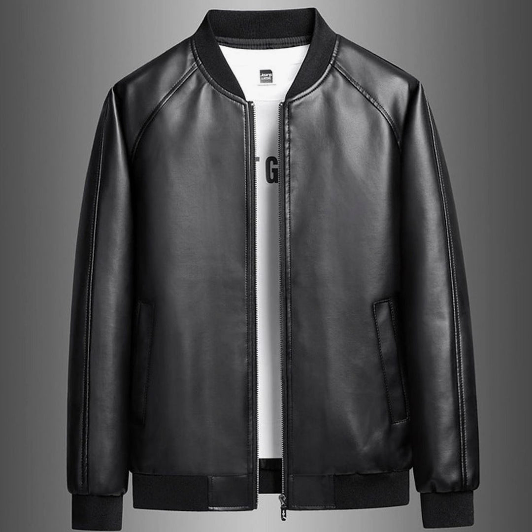 Herren Lederjacke im Baseball-Stil mit Reißverschluss und Loosefit - Schwarz