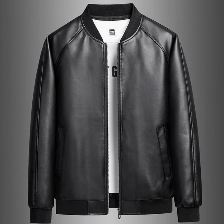 Herren Lederjacke im Baseball-Stil mit Reißverschluss und Loosefit - Schwarz