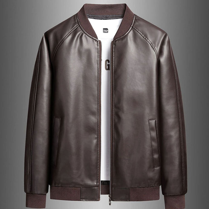 Herren Lederjacke im Baseball-Stil mit Reißverschluss und Loosefit - Braun