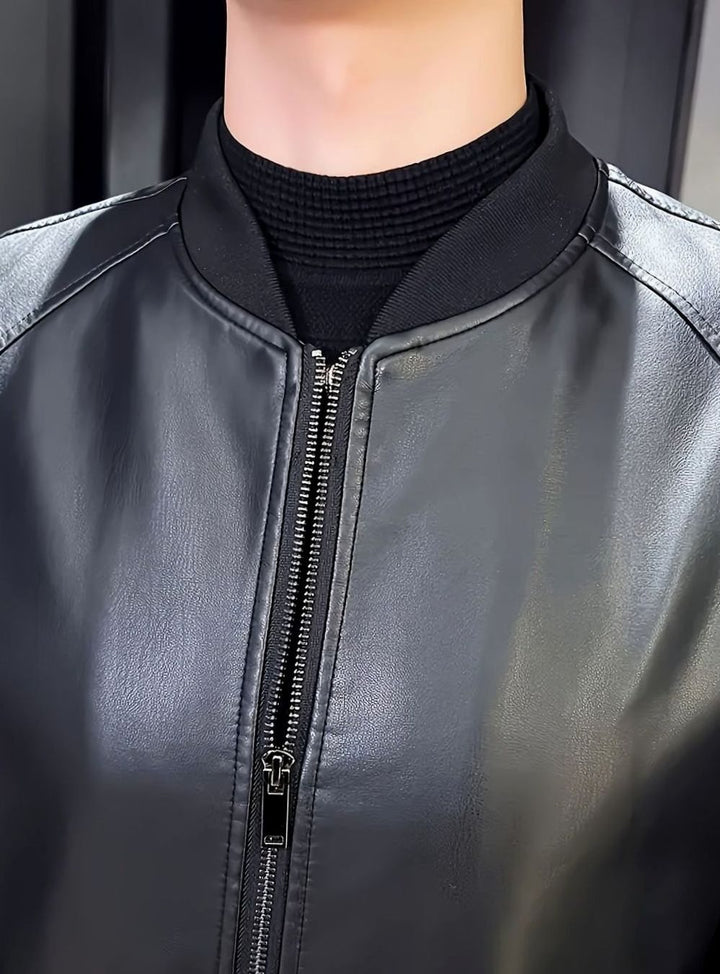 Herren Lederjacke im Baseball-Stil mit Reißverschluss und Loosefit