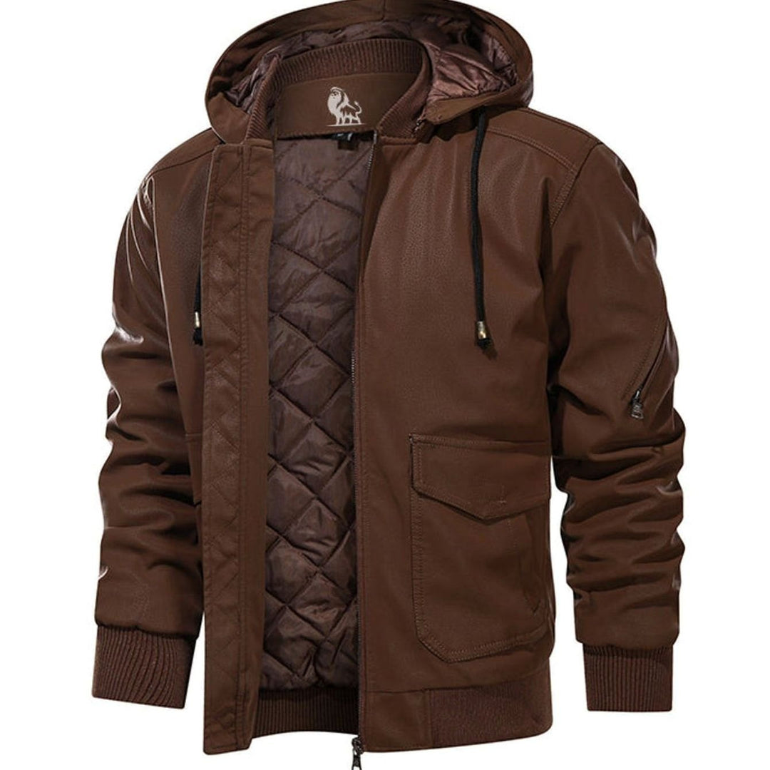 Herren Lederjacke mit abnehmbarer Kapuze Slim Fit Bikerjacke, Brown