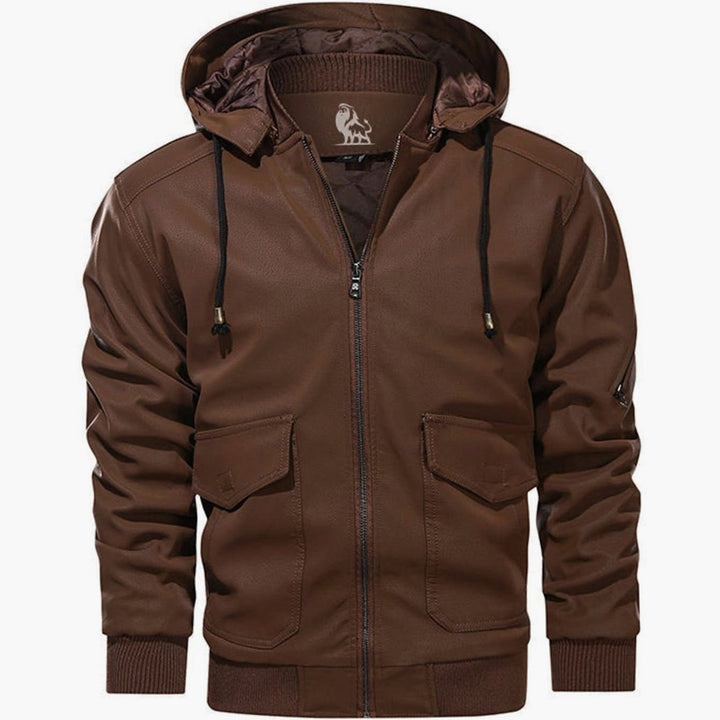 Herren Lederjacke mit abnehmbarer Kapuze Slim Fit Bikerjacke, Brown