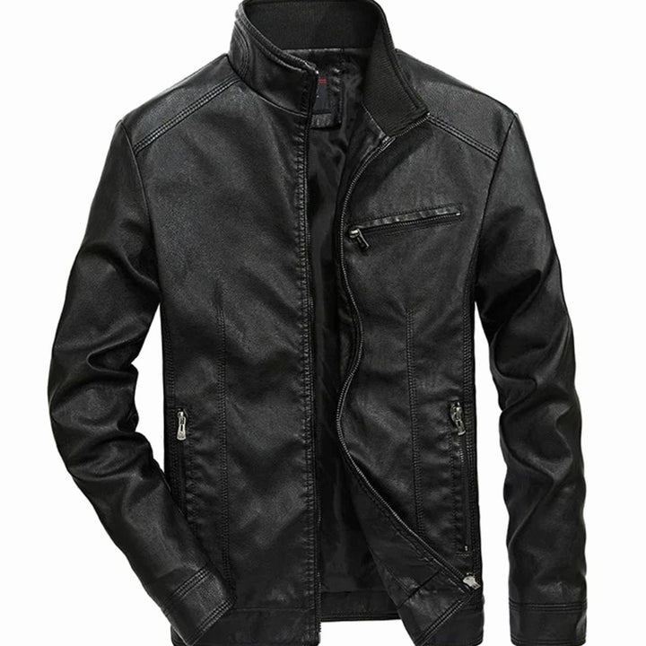 Herren Lederjacke Zip-Up Bikerjacke mit Stehkragen, Black - Schwarz