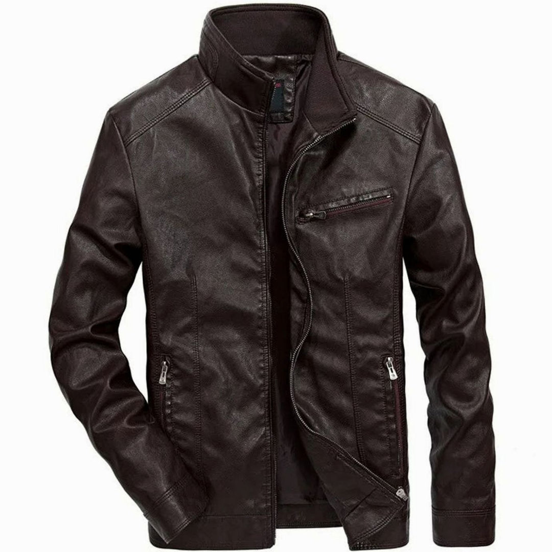 Herren Lederjacke Zip-Up Bikerjacke mit Stehkragen, Black - Braun
