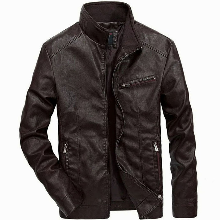 Herren Lederjacke Zip-Up Bikerjacke mit Stehkragen, Black - Braun