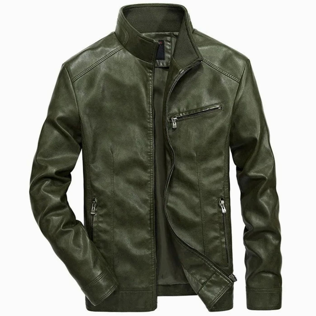 Herren Lederjacke Zip-Up Bikerjacke mit Stehkragen, Black - Grün