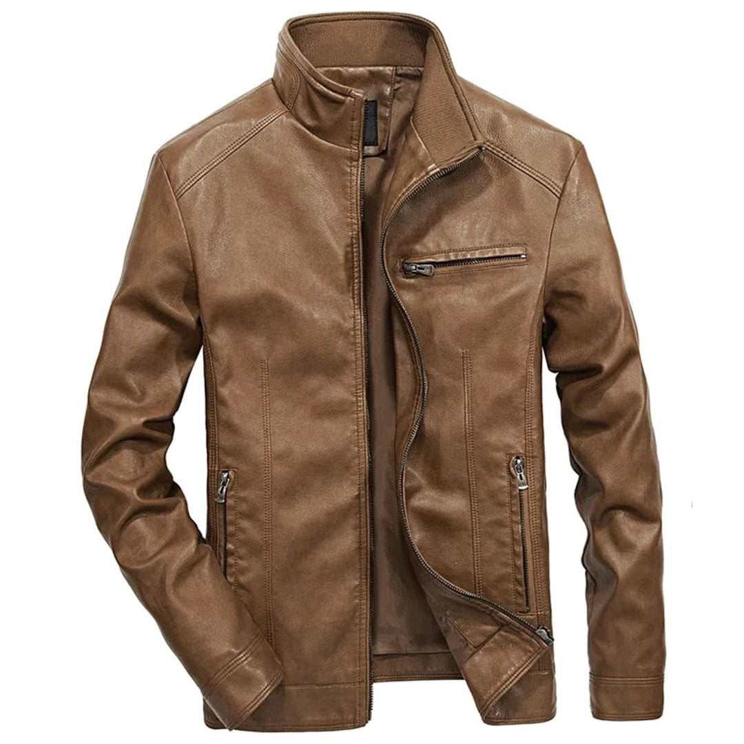 Herren Lederjacke Zip-Up Bikerjacke mit Stehkragen, Black - Khaki