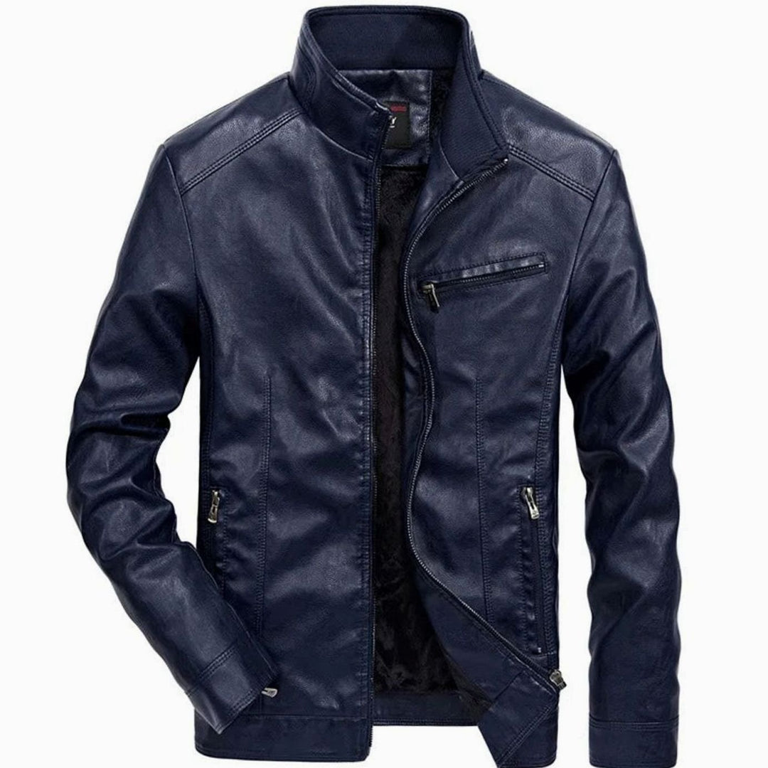 Herren Lederjacke Zip-Up Bikerjacke mit Stehkragen, Black - Marineblau