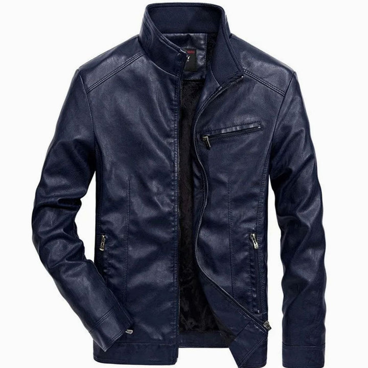Herren Lederjacke Zip-Up Bikerjacke mit Stehkragen, Black - Marineblau
