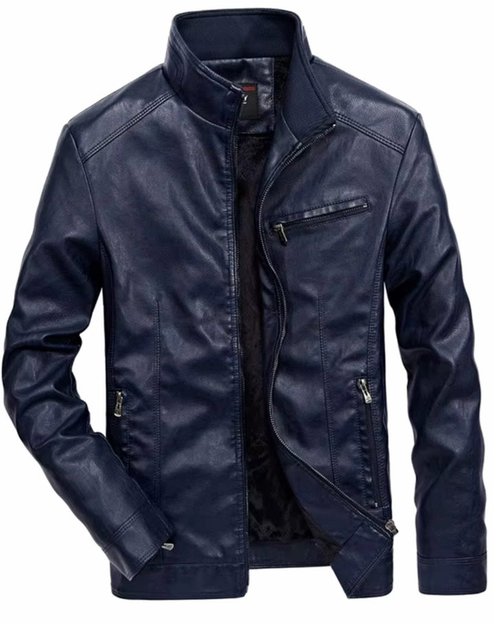 Herren Lederjacke Zip-Up Bikerjacke mit Stehkragen, Black
