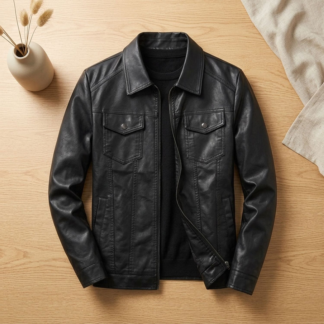 Herren Lederjacke Zip-Up mit Brusttaschen schlanke Passform