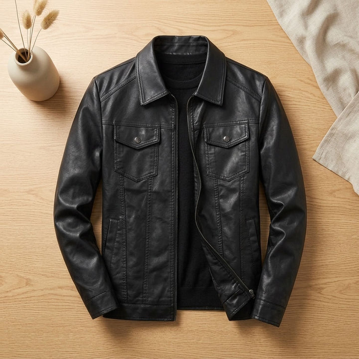 Herren Lederjacke Zip-Up mit Brusttaschen schlanke Passform