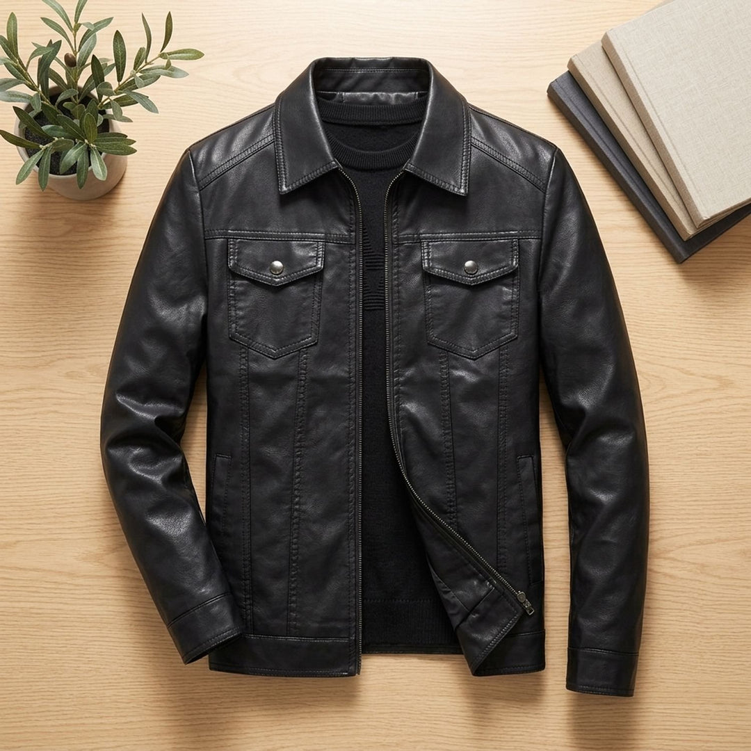 Herren Lederjacke Zip-Up mit Brusttaschen schlanke Passform