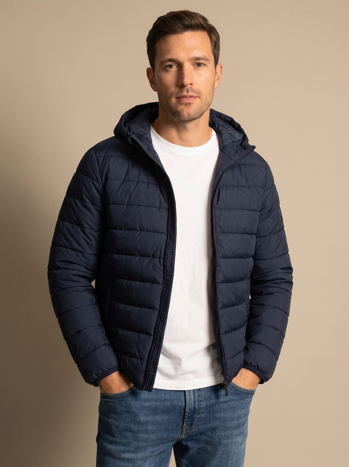 Herren Leichte Gesteppte Kapuzenjacke mit Thermoisolierung - Navyblau