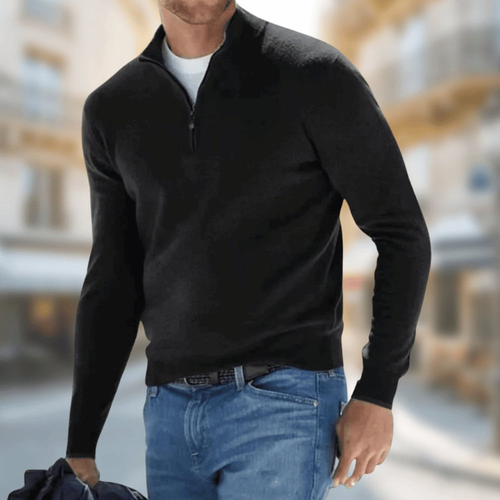 Herren Leichter Quarter-Zip Strickpullover Knit Sweater - Schwarz