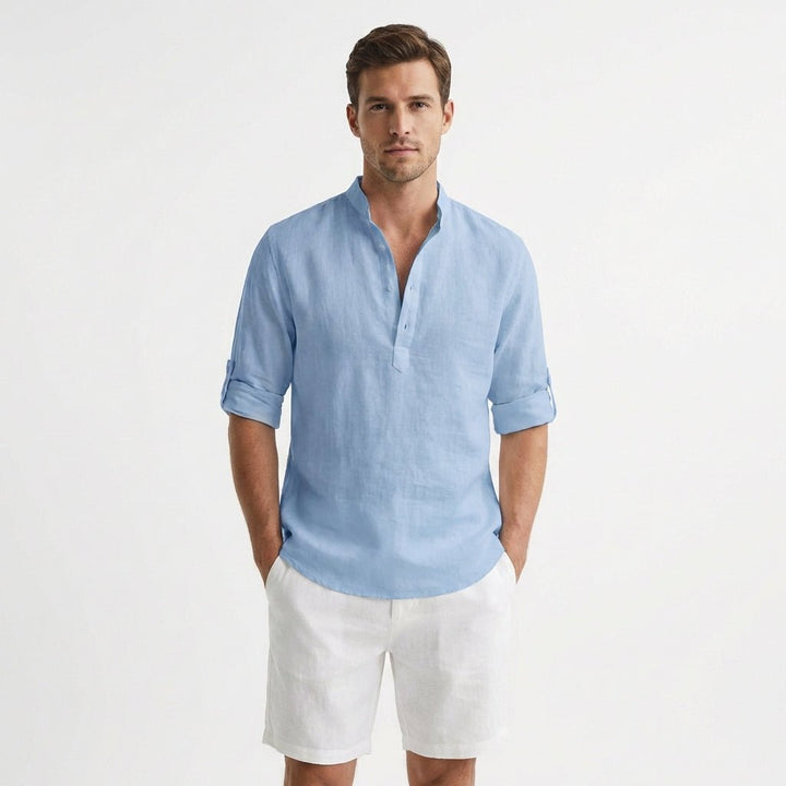 Herren Leinen Henley Hemd Stehkragen Gekrempelte Ärmel - Azul Claro