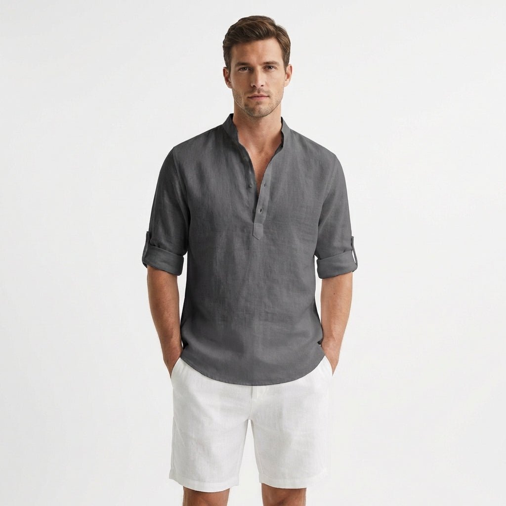 Herren Leinen Henley Hemd Stehkragen Gekrempelte Ärmel - Gris