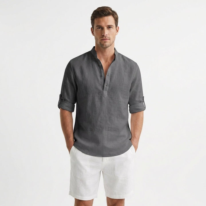 Herren Leinen Henley Hemd Stehkragen Gekrempelte Ärmel - Gris