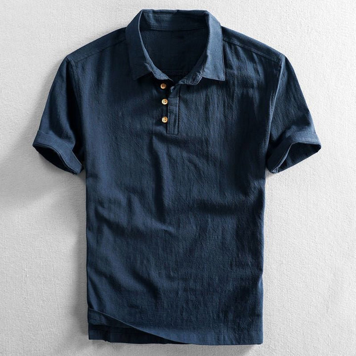 Herren Leinen Kurzarm Polo Shirt - Dark Blue