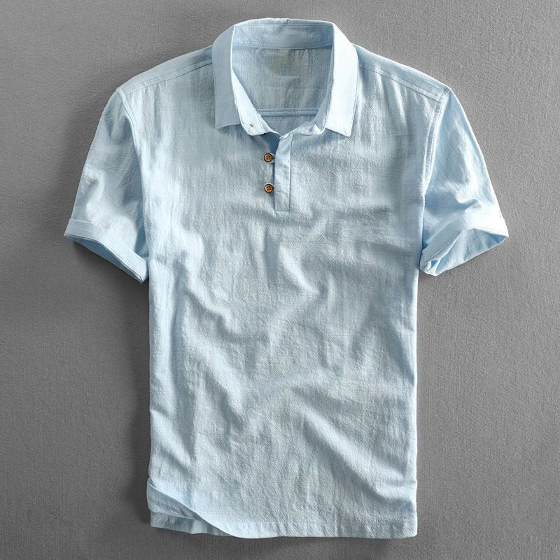 Herren Leinen Kurzarm Polo Shirt - Light Blue