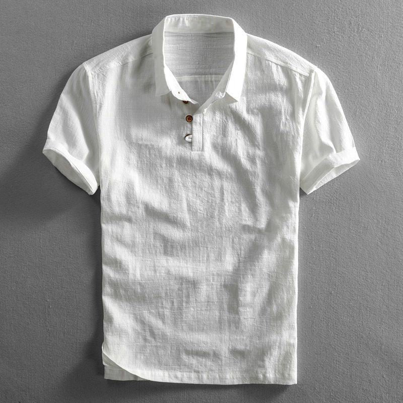 Herren Leinen Kurzarm Polo Shirt - White