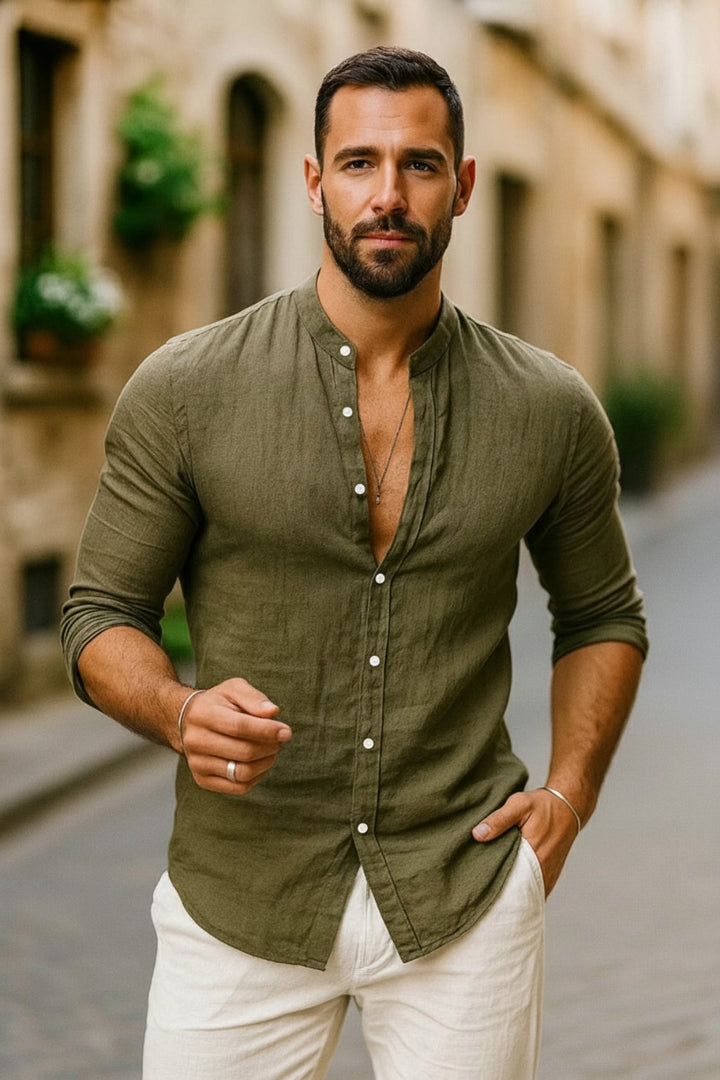 Herren Leinen Langarm-Hemd mit Grandad-Kragen - Army Green