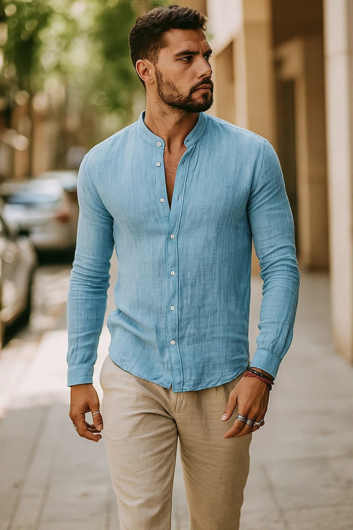 Herren Leinen Langarm-Hemd mit Grandad-Kragen - Light Blue